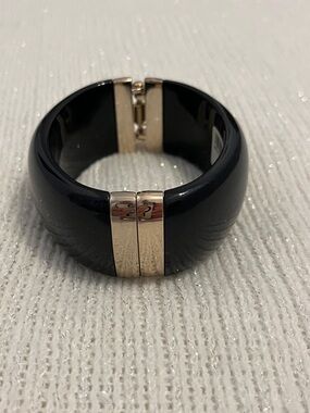 Black Resin Hinged Cuff Bracelet with Gold Accents